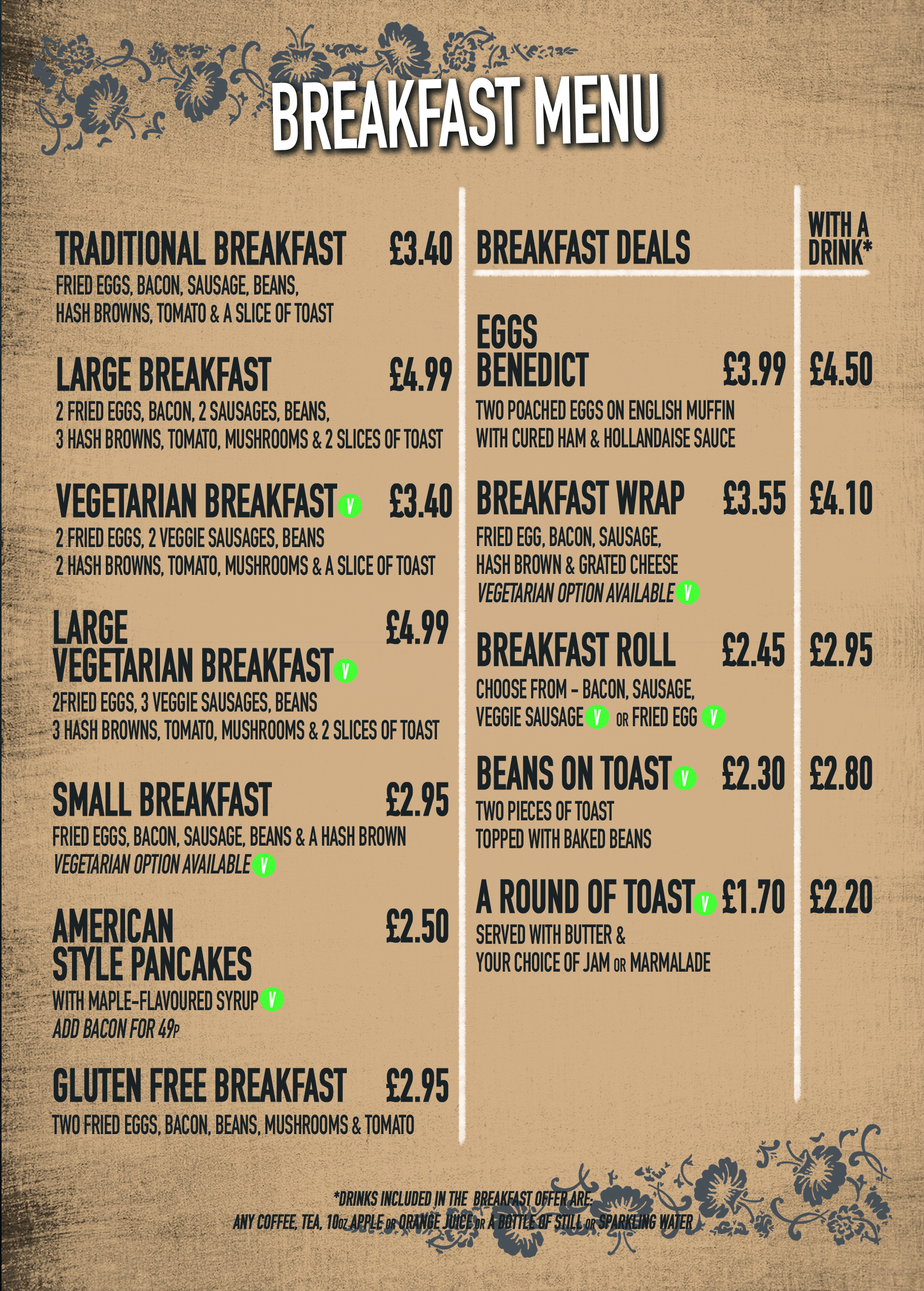 Breakfast Menu Back King Johns Cream - Tees Inns